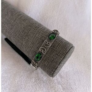 Unique Malachite Stone Silver Chain Bracelet, Heart Scroll Buckle Closure, 8"
